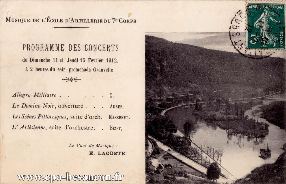 Musique de l’École d'Artillerie du 7e Corps - Programme des Concerts du Dimanche 11 et Jeudi 15 Février 1912, à 2 heures du soir, promenade Granvelle